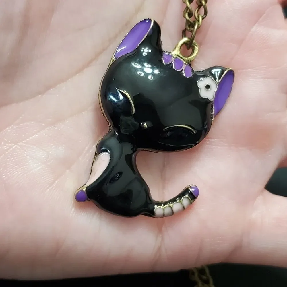 Black enamel kitty cat pendant necklace 27